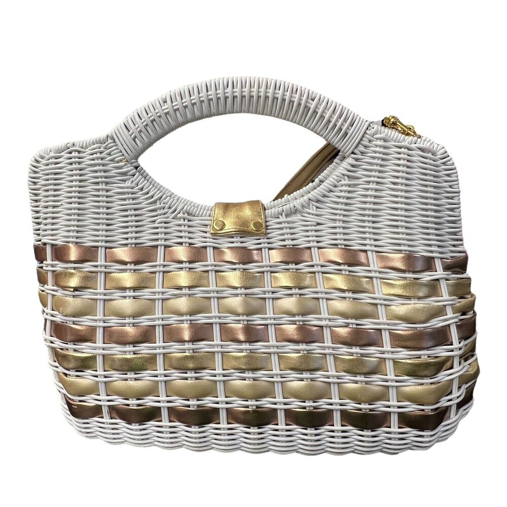 Vintage White Wicker Handbag With Copper & Gold Faux Leather Stripes - Picture 4 of 7